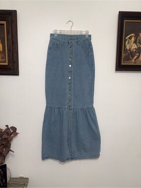 Denim Button-Front Maxi Skirt - Light Blue